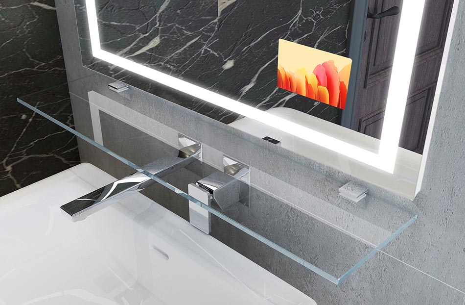 Il ripiano in vetro è un perfetto accessorio senza tempo che si integra perfettamente con lo specchio e può essere utilizzato anche come spazio per riporre gli accessori del bagno.