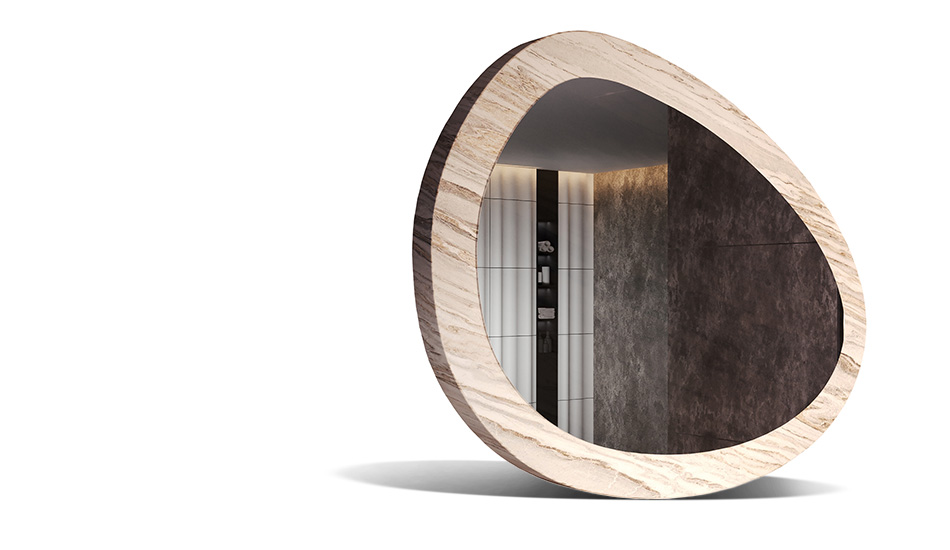 Specchio con cornice e laminato in pietra. La forza della natura