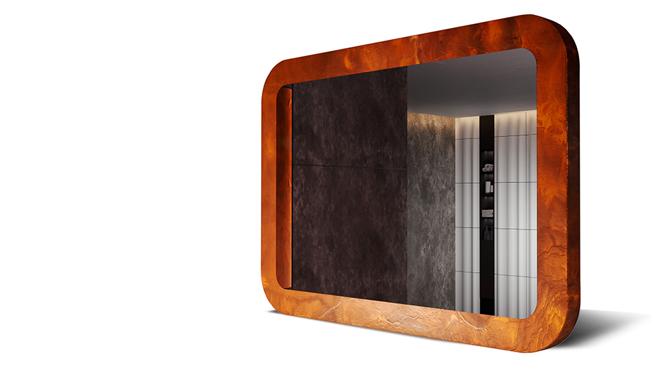 Specchio con cornice e laminato in pietra. La forza della natura