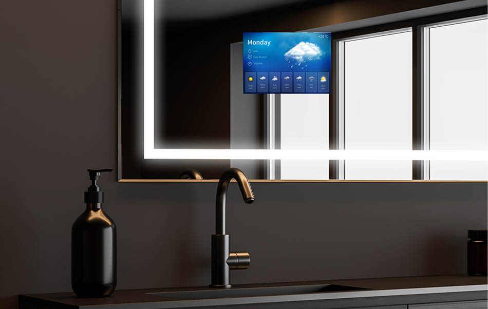 Puoi installare l'applicazione AccuWeather nei nostri specchi da bagno che visualizza le previsioni del tempo attuali. È la migliore fonte di informazioni utilizzata ogni giorno da 1,5 miliardi di persone. Se hai appena verificato che la giornata non sia favorevole a lunghe passeggiate... rilassati in un bagno caldo con la tua serie televisiva preferita. Acqua calda, luci a LED soffuse e una serie televisiva di alta qualità garantiscono una giornata di successo!