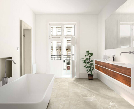 Piastrelle in gres porcellanato per pavimenti 60x120, grigio chiaro con una calda sfumatura beige e venature, opache, A4H140 Ermetica Bianco