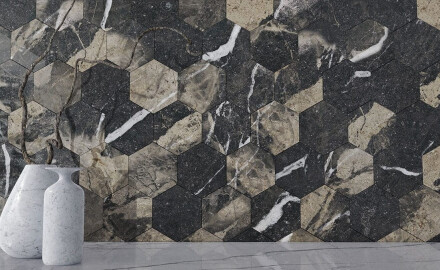 Piastrella in gres porcellanato di grande formato 120x280 cm, nera lucida con venature dorate, rettificata A4H195 Pierre Black