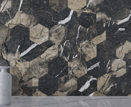 Piastrella in gres porcellanato di grande formato 120x280 cm, nera lucida con venature dorate, rettificata A4H195 Pierre Black