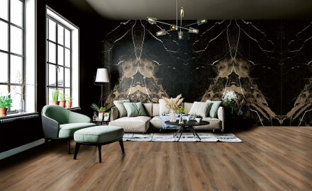 Piastrella in gres porcellanato di grande formato per pavimenti, 120x280 cm, Bookmatch, nera lucida con venature dorate, rettificata, A4H203 Pierre Black