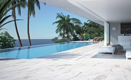 Gres di grande formato 120x280, marmo bianco con venature grigie, lucido A4H462 Calacatta