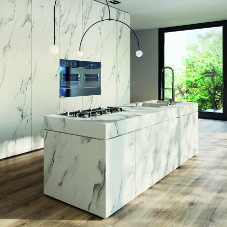 Gres di grande formato 120x280, marmo bianco con venature grigie, lucido A4H462 Calacatta #2