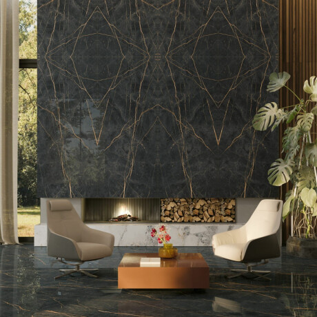 Gres Bookmatch 120x280, marmo nero con venature dorate, lucido A4H473 Sant Loreno #8