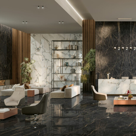 Gres di grande formato 120x280, marmo nero con venature dorate, lucido A4H474 Sant Loreno #7