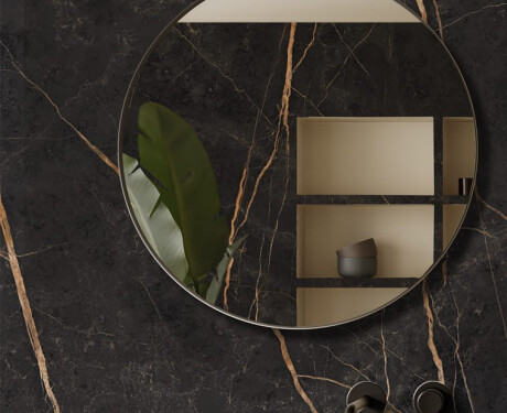 Piastrelle in gres porcellanato per pavimenti 120x120, effetto marmo con venature dorate, lucide, A4H475 Sant Loreno