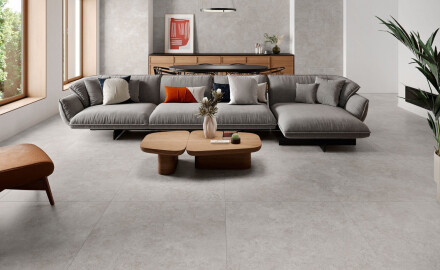 Piastrelle in gres porcellanato per pavimenti 100x100, travertino tagliato trasversalmente, opaco, grigio A4H497 Chrono Grey