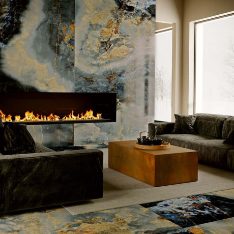 Gres di grande formato 120x280, effetto marmo blu intenso con venature, lucido A4H674 Eterno Blu #7
