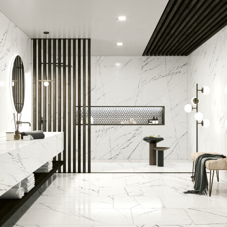 Gres di grande formato 120x280, marmo bianco con venature nere, lucido A4H679 Markina White #7