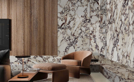Gres di grande formato 120x280, effetto marmo con venature viola, lucido A4H840 Calakatta Wiola