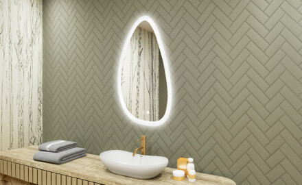 Specchio irregolare con illuminazione, 64×104 cm, bicolore, interruttore touch, tappetino riscaldante