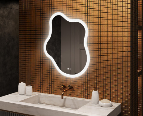 Specchio irregolare con illuminazione, 74×94 cm, bicolore, interruttore touch, tappetino riscaldante