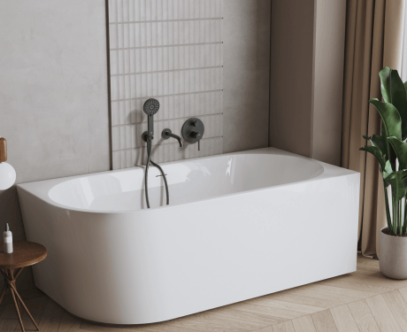 Vasca da bagno Astri da appoggio a parete, 150 cm, con montaggio a destra, completa di sifone, tappo e elegante troppopieno