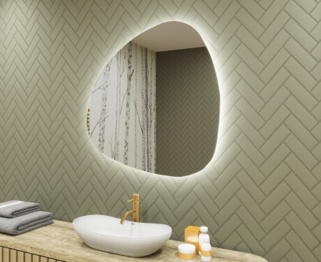 Specchio da bagno LED di forma irregolare 74x74cm su šaltu LED apšvietimu 7000K, šiltu apšvietimu 3000K arba neutraliu apšvietimu 4500K