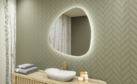 Specchio da bagno LED di forma irregolare 74x74cm su šaltu LED apšvietimu 7000K, šiltu apšvietimu 3000K arba neutraliu apšvietimu 4500K