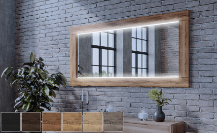 Specchio rettangolare con luce LED con cornice in legno L225