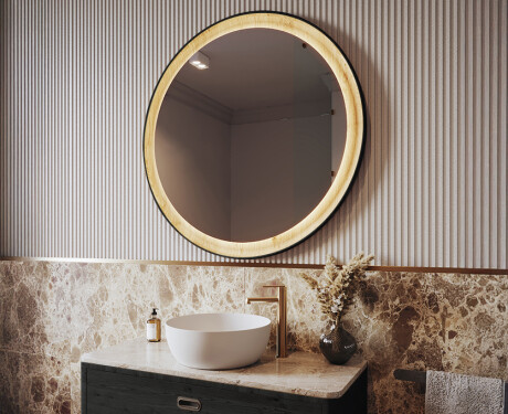 Specchio LED rotondo nero con cornice in legno