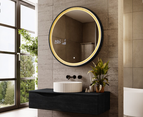 Specchio LED rotondo nero con cornice in legno #9