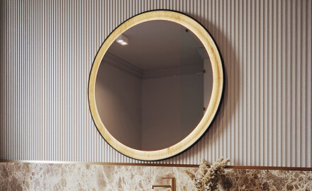 Specchio LED rotondo nero con cornice in legno