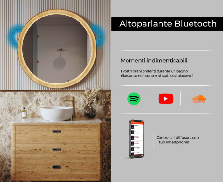 Specchio LED rotondo con cornice in quercia #7