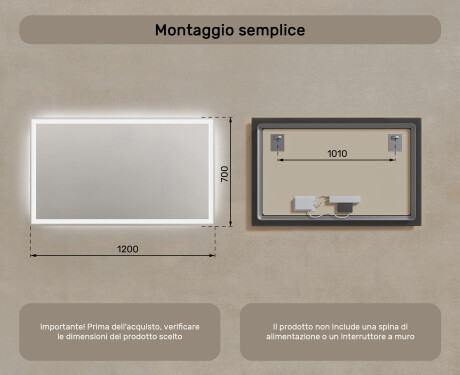 Specchio bagno retroilluminato LED 120x70cm su šaltu LED apšvietimu 7000K, šiltu apšvietimu 3000K arba neutraliu apšvietimu 4500K #7