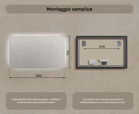 Specchio bagno retroilluminato LED 120x70cm su šaltu LED apšvietimu 7000K, šiltu apšvietimu 3000K arba neutraliu apšvietimu 4500K #7