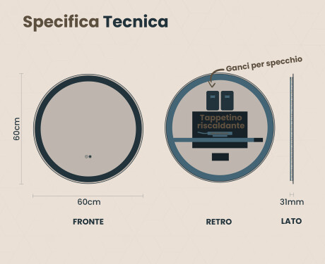 Rotondo specchio parete retroilluminato per bagno 60cm con Dual color, Interruttore tattile, Tappetino riscaldante - L76 #6