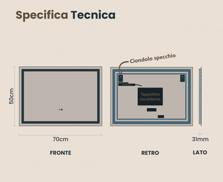 Specchio da parete moderno per bagno 70x50cm con luci, Dual color, Interruttore tattile, Tappetino riscaldante - L49 #6