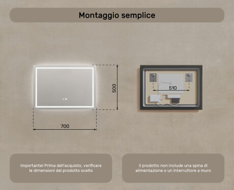 Specchio da parete moderno per bagno 70x50cm con luci, Dual color, Interruttore tattile, Tappetino riscaldante - L49 #8