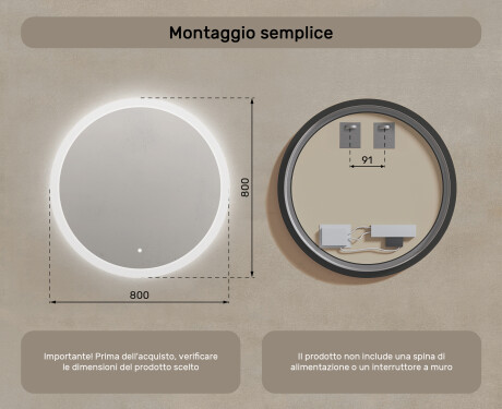 Specchio rotondo con luce LED per bagno 80cm con Dual color, Interruttore tattile #7