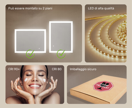 Specchiera rettangolare da bagno con luce LED 80x60cm con Dual color, Interruttore tattile #5