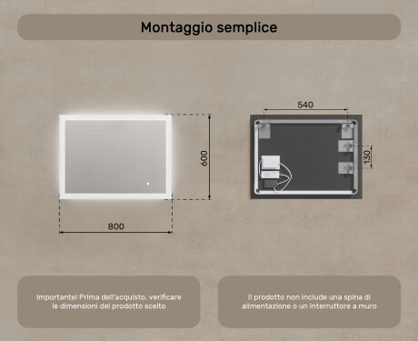 Specchiera rettangolare da bagno con luce LED 80x60cm con Dual color, Interruttore tattile #7