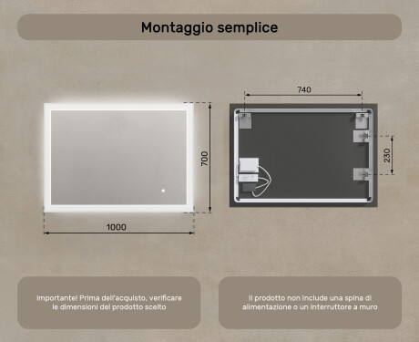 Specchio rettangolare da bagno retroilluminato LED 100x70cm con Dual color, Interruttore tattile #7