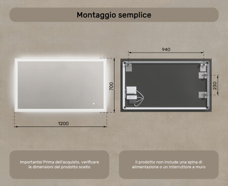Specchio rettangolare da bagno con LED 120x70cm con Dual color, Interruttore tattile #7