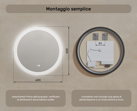 Specchio rotondo da bagno retroilluminato LED 60cm con Dual color, Interruttore tattile, Tappetino riscaldante #8