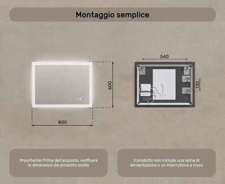 Specchiera rettangolare da bagno con luce LED 80x60cm con Dual color, Interruttore tattile, Tappetino riscaldante #8