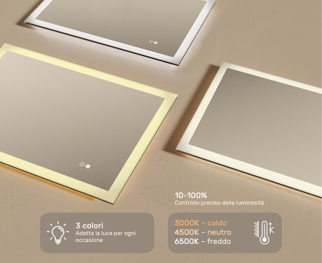 Specchio rettangolare da bagno retroilluminato LED 100x70cm con Dual color, Interruttore tattile, Tappetino riscaldante #3