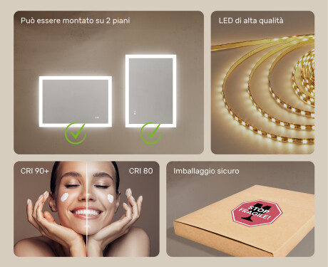 Specchio rettangolare da bagno retroilluminato LED 100x70cm con Dual color, Interruttore tattile, Tappetino riscaldante #6