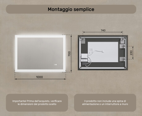 Specchio rettangolare da bagno retroilluminato LED 100x70cm con Dual color, Interruttore tattile, Tappetino riscaldante #8