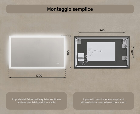 Specchio rettangolare da bagno con LED 120x70cm con Dual color, Interruttore tattile, Tappetino riscaldante #8