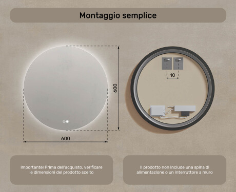 Specchio rotondo con illuminazione 60 cm, doppio colore, interruttore touch, tappetino riscaldante #7