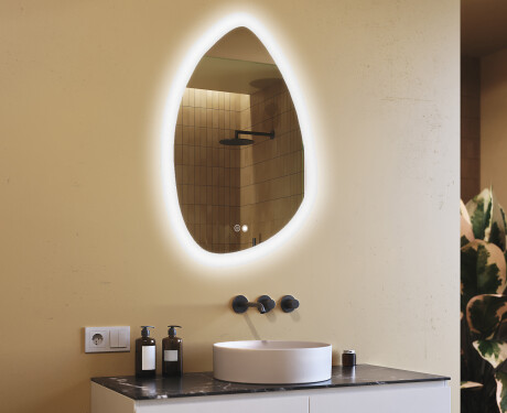 Specchio irregolare con illuminazione, 64×94 cm, bicolore, interruttore touch, tappetino riscaldante