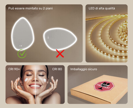 Specchio irregolare con illuminazione, 64×94 cm, bicolore, interruttore touch, tappetino riscaldante #6