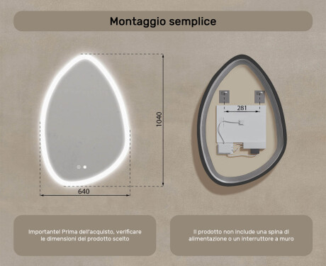 Specchio irregolare con illuminazione, 64×94 cm, bicolore, interruttore touch, tappetino riscaldante #8