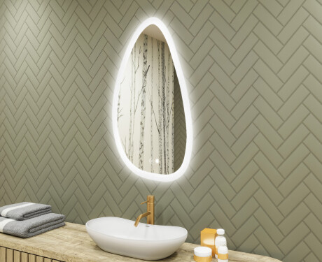 Specchio irregolare con illuminazione, 64×104 cm, bicolore, interruttore touch, tappetino riscaldante