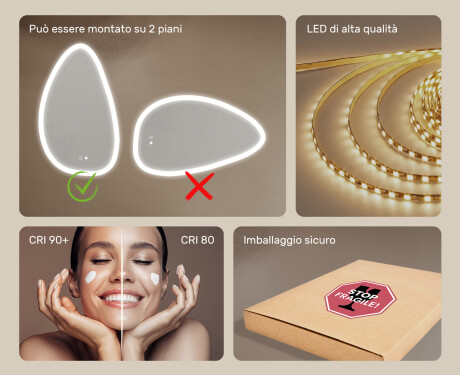 Specchio irregolare con illuminazione, 64×104 cm, bicolore, interruttore touch, tappetino riscaldante #6