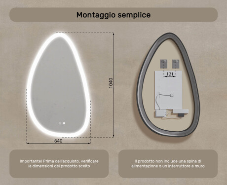 Specchio irregolare con illuminazione, 64×104 cm, bicolore, interruttore touch, tappetino riscaldante #8